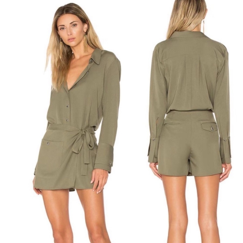 Halston Heritage Long Sleeve Faux Wrap Romper in Olive